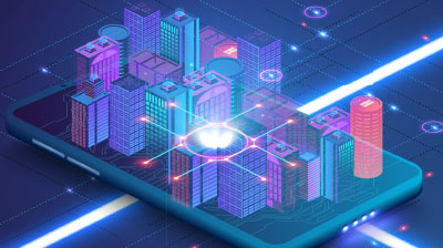 A digital 3D cityscape on top of an iPhone screen 